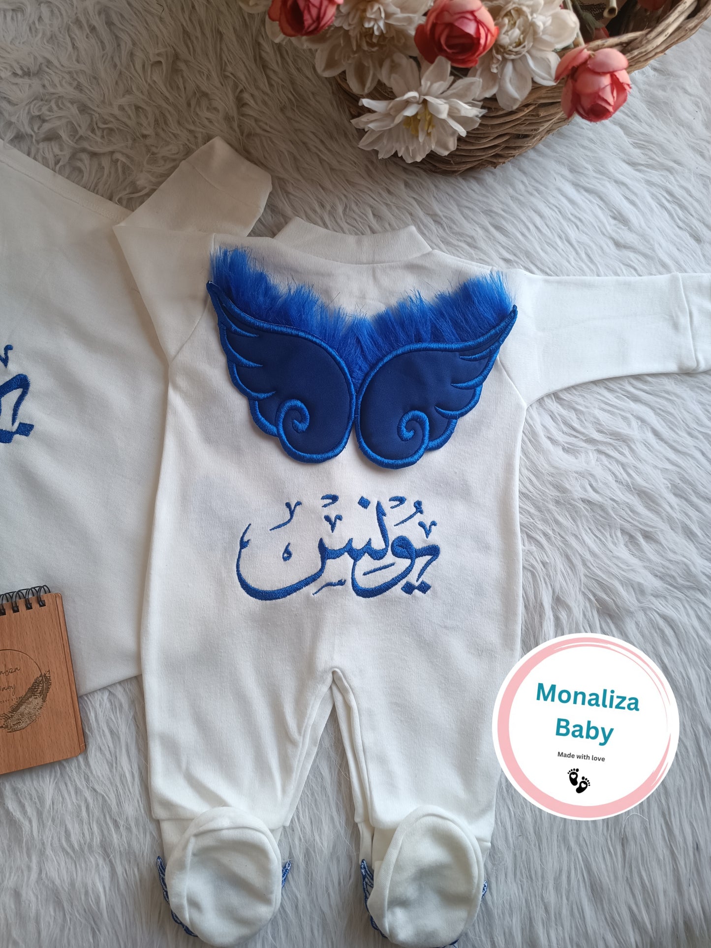 طقم استقبال بيبي ولد جناحات ريش ازرق